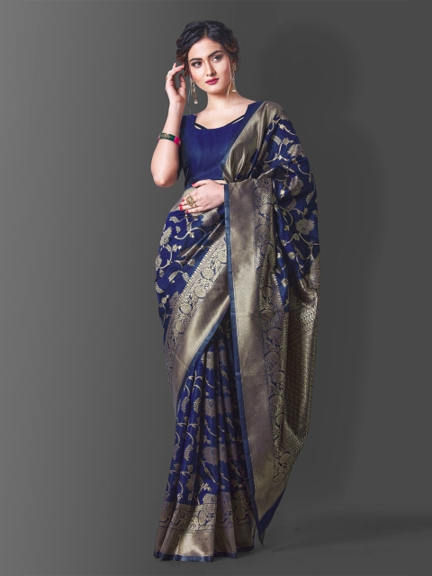 

TEREZA Navy Blue & Gold-Toned Woven Design Zari Pure Silk Saree