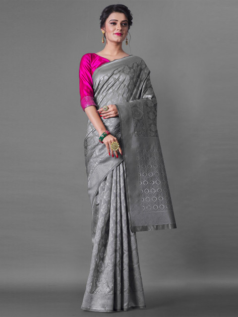 

TEREZA Grey & Silver-Toned Ethnic Motifs Zari Pure Silk Banarasi Saree