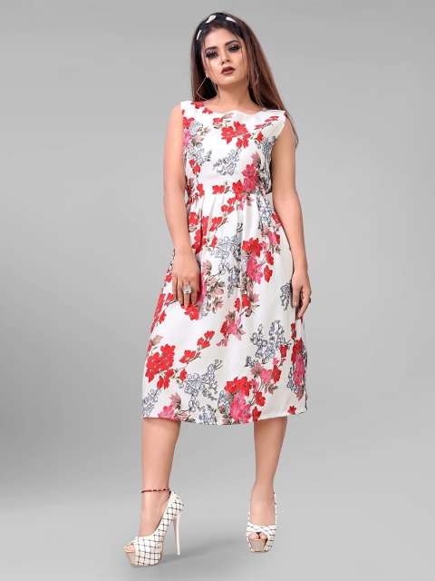 

AUCREATIONS White & Red Floral Crepe Midi Dress