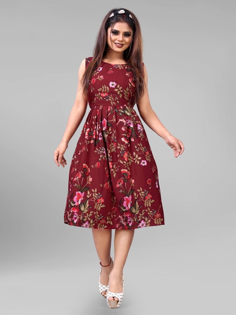 

AUCREATIONS Maroon & Beige Floral Printed Crepe Dress