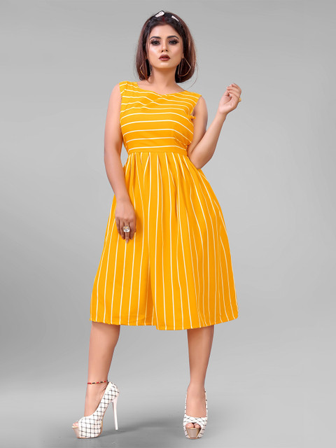 

AUCREATIONS Women Yellow Striped Sleeveless Crepe Midi Dress