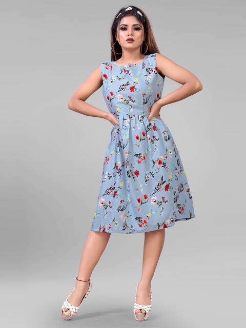 

AUCREATIONS Blue Floral Crepe A-Line Dress