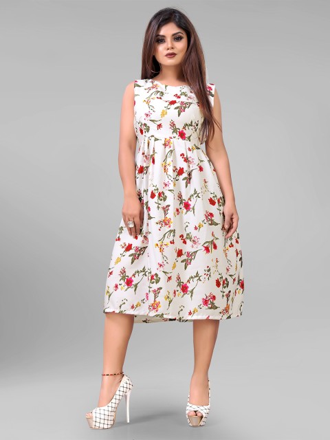 

AUCREATIONS Women White & Green Floral Printed Crepe A-Line Midi Dress