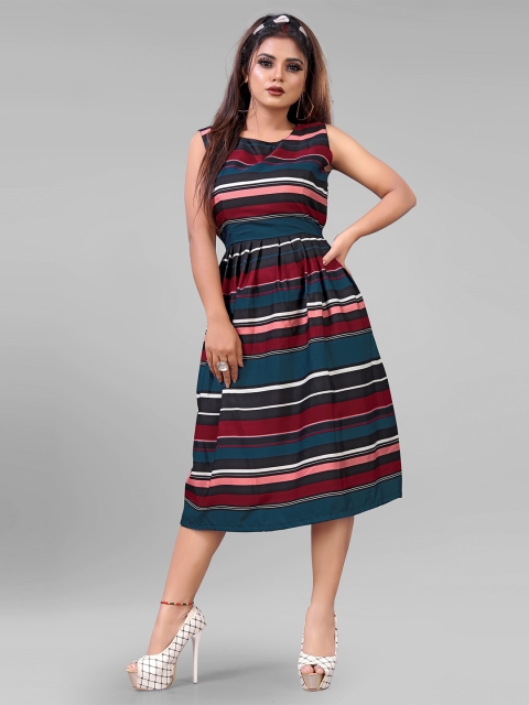 

AUCREATIONS Blue & Red Striped Crepe Midi Dress