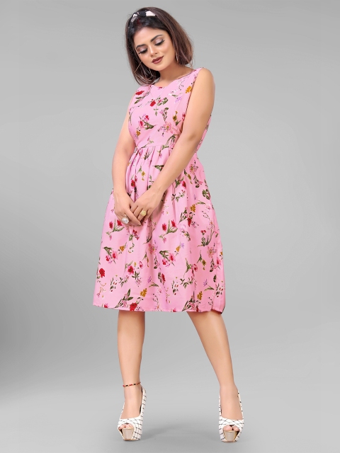 

AUCREATIONS Women Pink Floral Crepe A-Line Dress