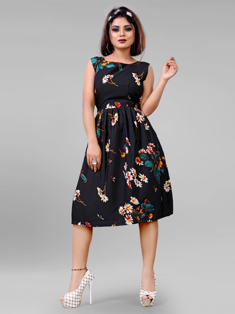 

AUCREATIONS Women Black Floral Crepe Dress