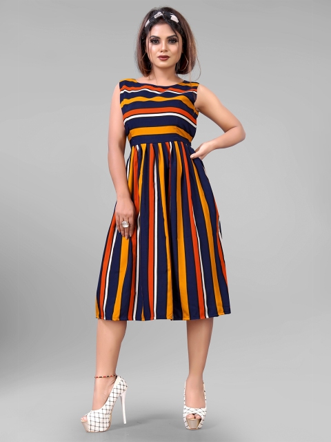 

AUCREATIONS Navy Blue Striped Crepe Midi Dress