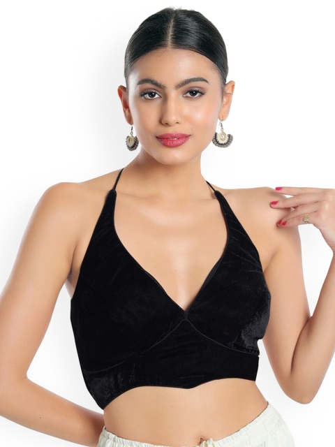 

SALWAR STUDIO Women Black Micro Velvet Halter Neck Saree Blouse