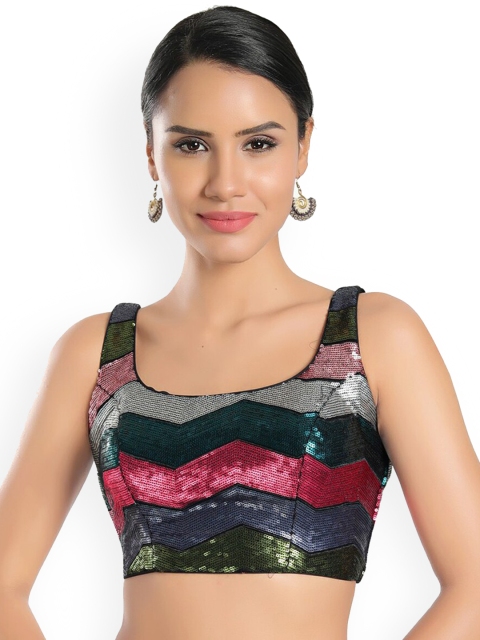 

SALWAR STUDIO Green & Grey Embellished Georgette Readymade Saree Blouse