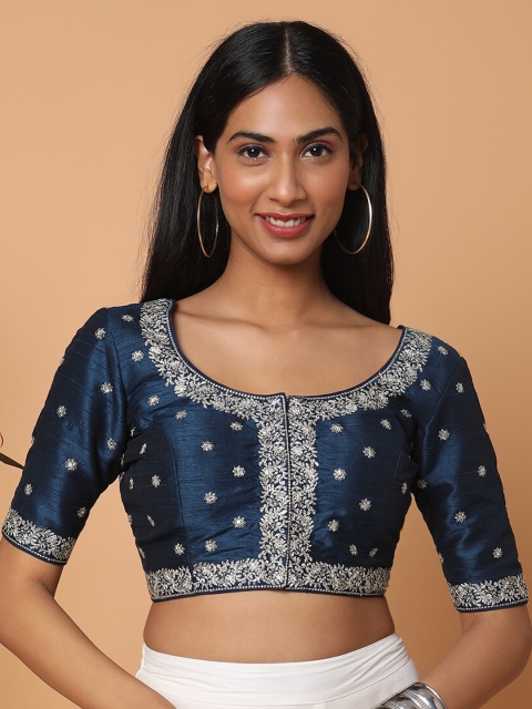 

SALWAR STUDIO Navy Blue Embroidered Saree Blouse