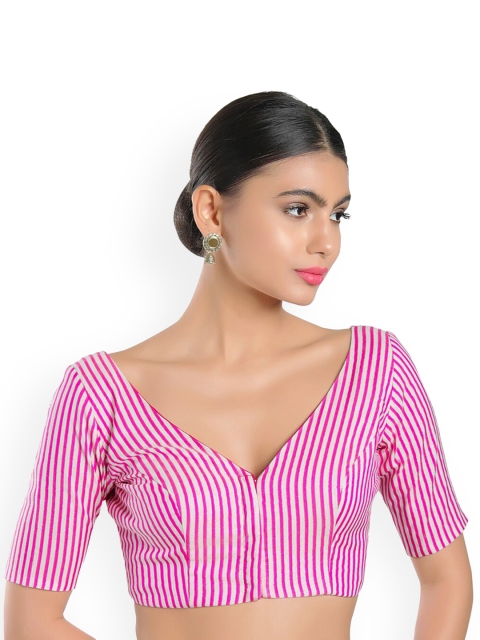 

SALWAR STUDIO Women Pink Striped Printed Cotton Saree Blouse