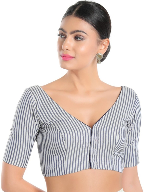 

SALWAR STUDIO Women Grey Striped Printed Cotton Saree Blouse