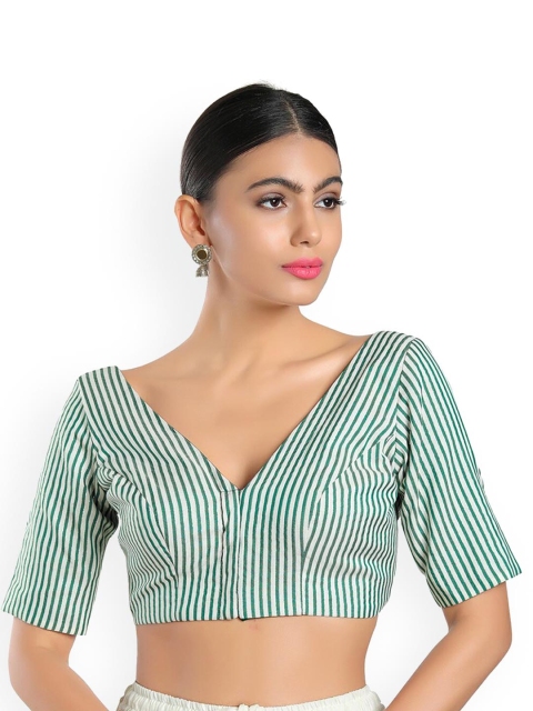 

SALWAR STUDIO Green Printed Cotton Saree Blouse