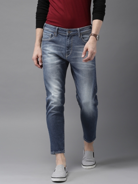 

HERE&NOW Men Blue Cropped Skinny Fit Mid-Rise Low Distress Stretchable Jeans