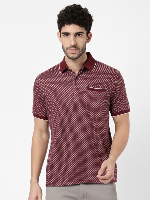 

R&B Men Maroon Printed Polo Collar Cotton T-shirt