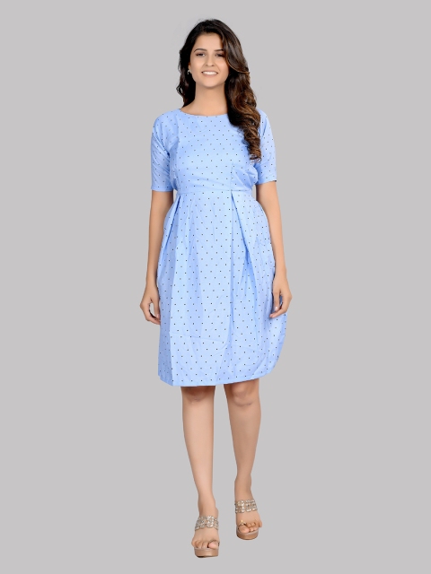 

AUCREATIONS Women Blue & Black Polka Dot Printed Crepe A-Line Dress