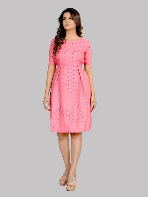 

AUCREATIONS Women Pink Polka Dots Crepe A-Line Dress