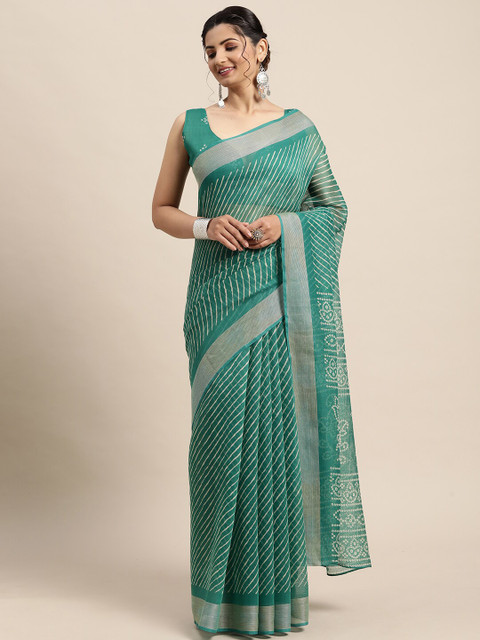 

Saree mall Sea Green & White Cotton Blend Leheriya Sarees