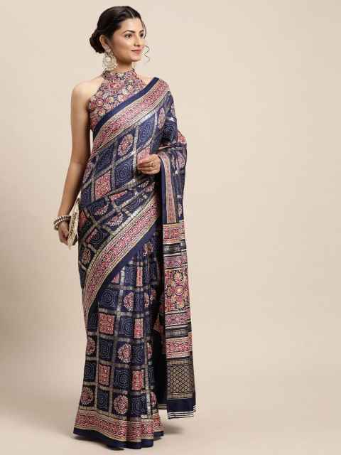 

Saree mall Navy Blue & Pink Ethnic Motifs Bandhani Sarees