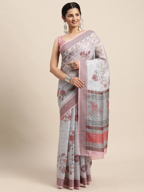 

Saree mall Grey & Red Floral Silk Blend Banarasi Sarees
