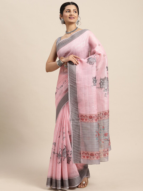 

Saree mall Women Pink & Red Floral Silk Blend Banarasi Saree with Matching Blouse