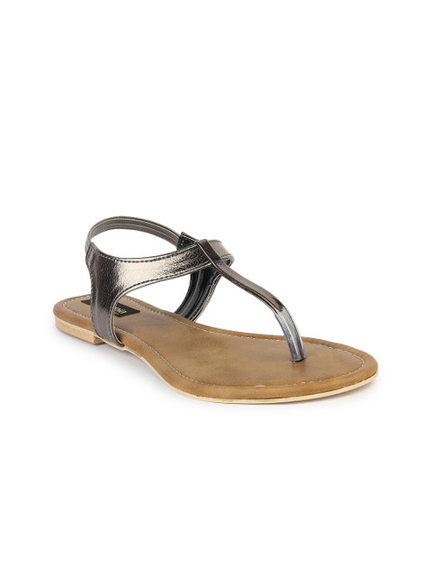 

Shoetopia Women Gunmetal-Toned Solid Synthetic T-Strap Flats, Metallic