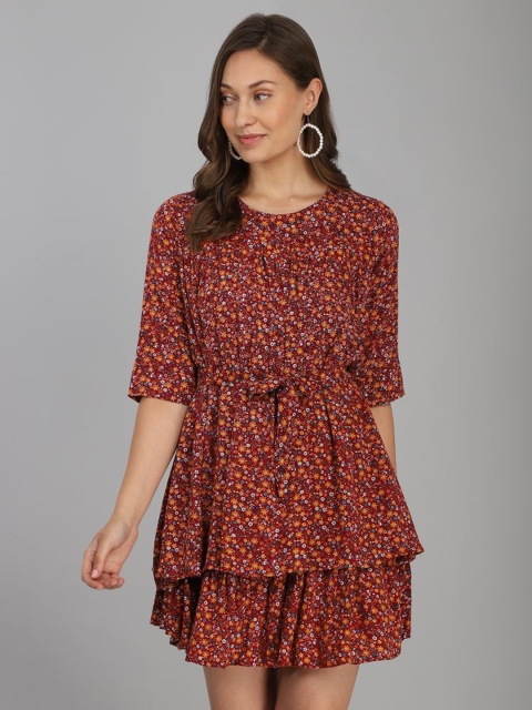 

B4ME COM Camel Brown Floral Layered Blouson Dress