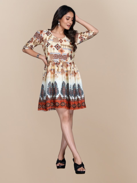 

RIVAMA Women Multicolor Ethnic Print Satin Longline Top, Multi