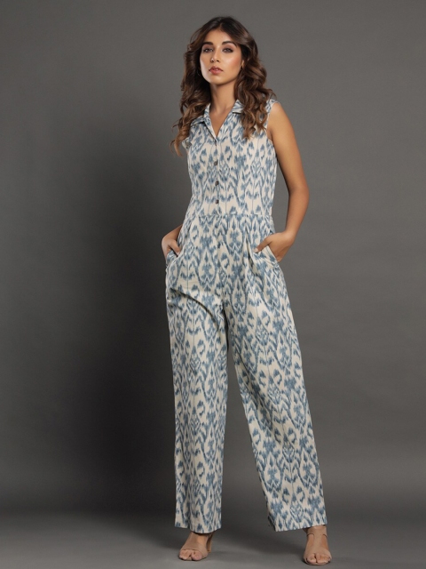 

JISORA Cream-Coloured & Blue Printed Basic Jumpsuit