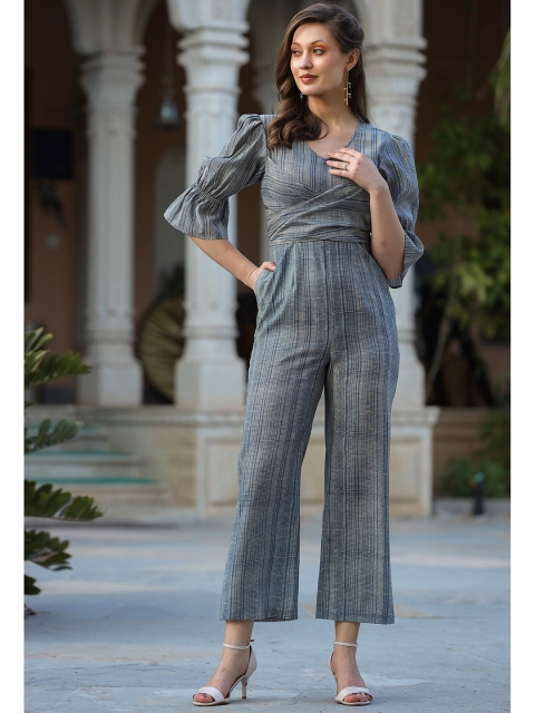 

JISORA Grey Striped Basic Jumpsuit