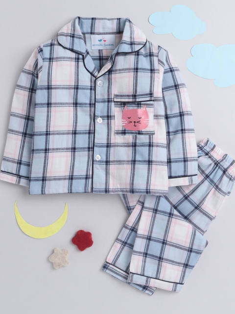 

Knitting Doodles Unisex Kids Off White & Blue Checked Night suit