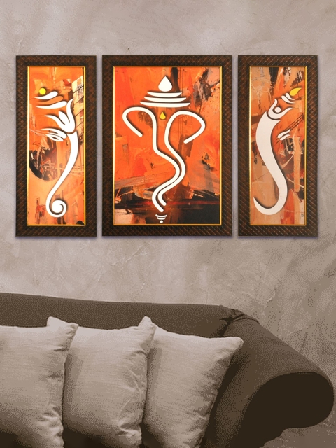 

SHREE KALA HOME DECOR Set Of 3 Lord Ganesha Hand Painted Painting, Orange