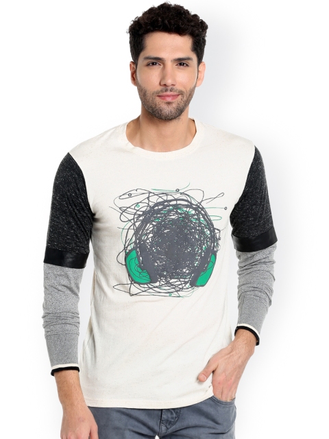 

Campus Sutra Men Cream-Coloured Printed Round Neck T-shirt