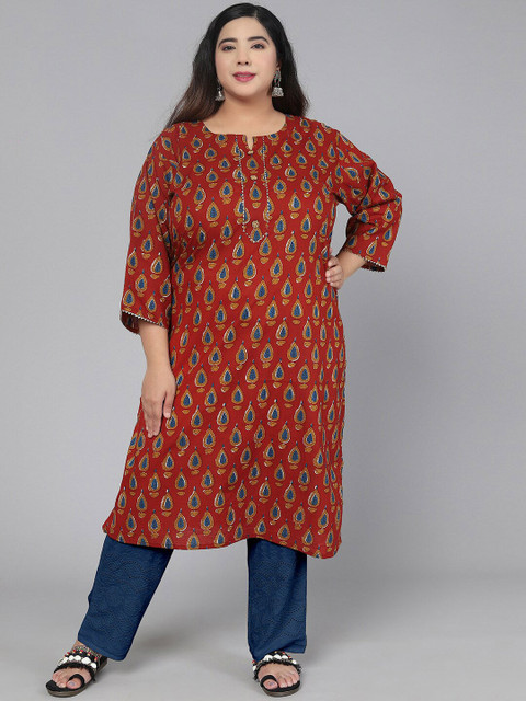 

Jevi Women Prints Plus Women Red & Blue Cotton Ethnic Motifs Printed Kurta