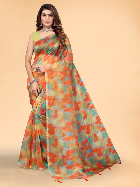 

Mitera Red & Green Abstract Printed Organza Saree