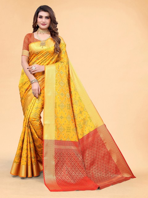 

Mitera Mustard & Red Geometric Woven Design Zari Silk Blend Saree