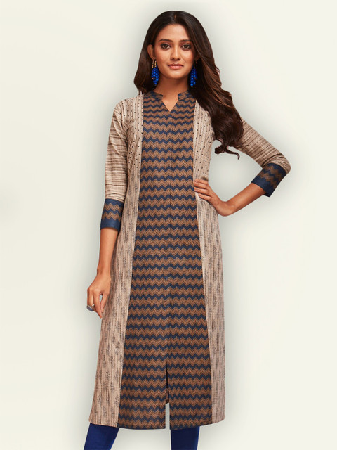 

Jevi Prints Women Beige & Blue Geometric Printed Straight Block Print Kurta