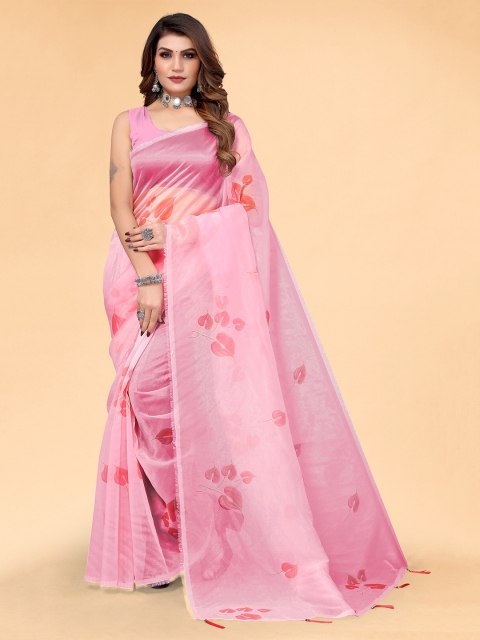 

Mitera Pink Floral Printed Organza Saree