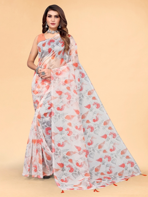 

Mitera Peach-Coloured & White Floral Printed Organza Saree