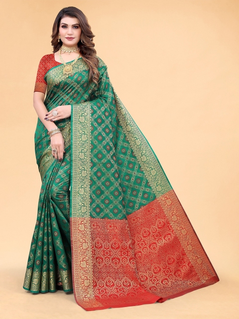 

Mitera Green & Orange Floral Woven Silk Blend Saree