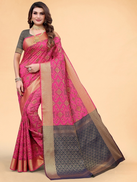 

Mitera Pink & Navy Blue Floral Woven Design Silk Blend Saree