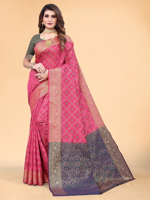

Mitera Pink & Blue Floral Woven Design Silk Blend Saree