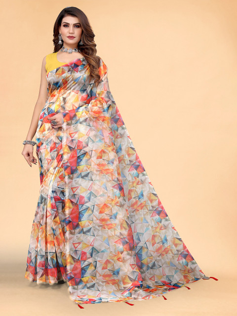 

Mitera Blue & Red Floral Printed Organza Saree