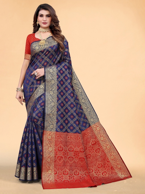 

Mitera Blue & Red Floral Woven Design Silk Blend Saree