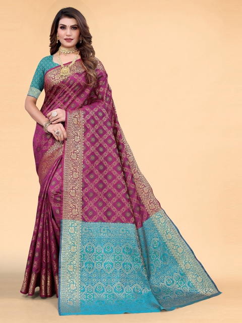 

Mitera Purple & Blue Floral Woven Design Silk Blend Saree