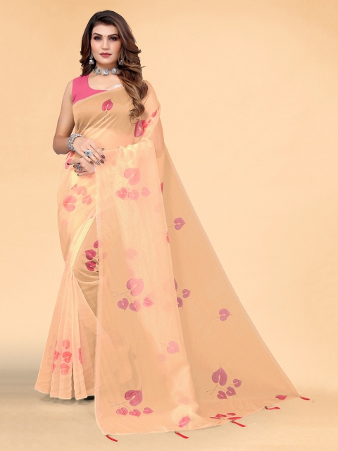 

Mitera Orange & Pink Floral Printed Organza Saree