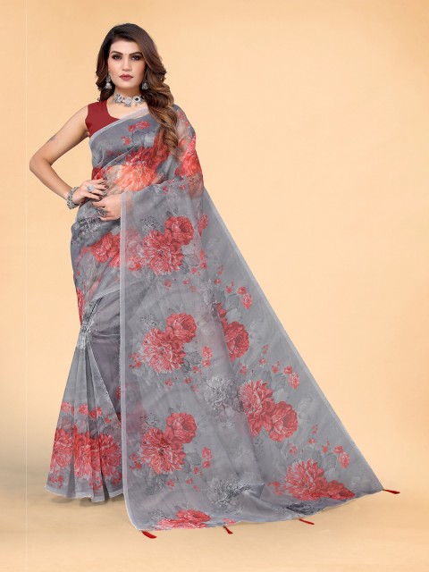 

Mitera Grey & Red Floral Printed Organza Saree