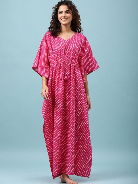 

JISORA Pink Printed Maxi Pure Cotton Nightdress