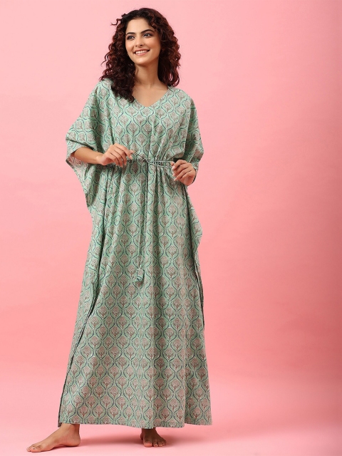 

JISORA Green Printed Maxi Cotton Nightdress