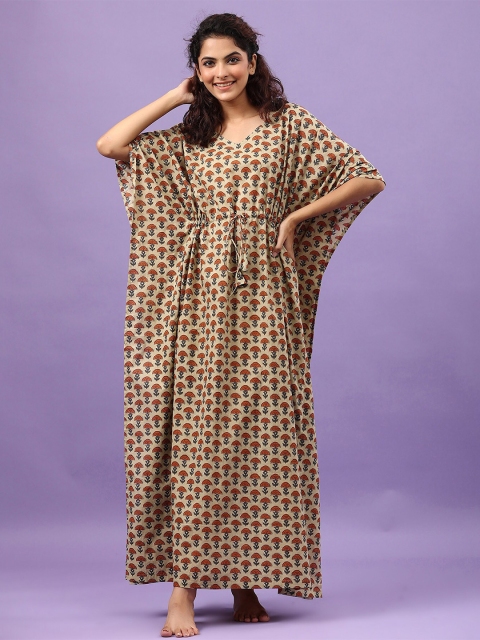 

JISORA Beige Printed Maxi Pure Cotton Nightdress